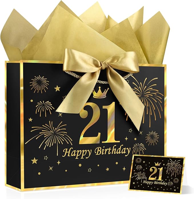 JMANNI Black Gold 21st Birthday Gift Bag with Card and Tissue Paper, 12.6"×9.84"×3.9" Elegant Present Bag for Adults, 21 Year Old Birthday Keepsake Party Supplies