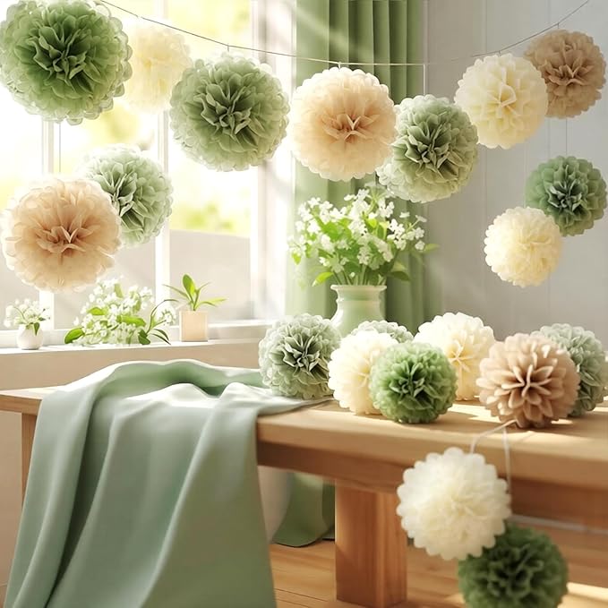 Olive Sage Green Tissue Paper Pom Poms Safari Jungle Party Decorations Paper Flowers Decorations Natural Green Boho Hanging Décor for Birthday Baby Shower Bridal Wedding Party Supplies