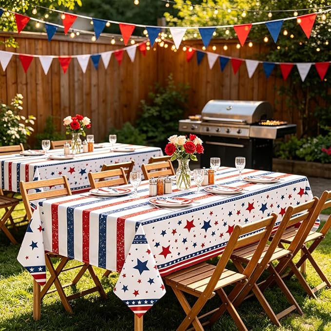 2Pcs Patriotic Tablecloths,4th of July Decorations,Red White Blue Star 54x108 inches Disposable Plastic Tablecloths for 4th of July Memorial Day Patriotic Theme Party Decoration