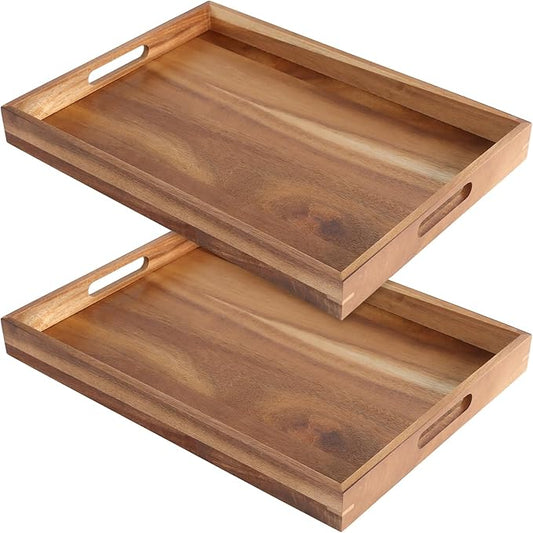 2 Pack Wood Serving Tray, 11.41 x 15.7 Inches Wooden Decorative Trays with Handles for Breakfast, Food, Drinks, Brown, Rectangle