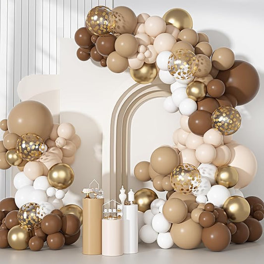Ouddy Party Brown Balloons Arch Garland Kit, Different Sizes 18 12 10 5 Inch Brown Nude Gold Boho Neutral White Latex Metallic Confetti Balloon for Bear Baby Shower Safari Birthday Party Decorations