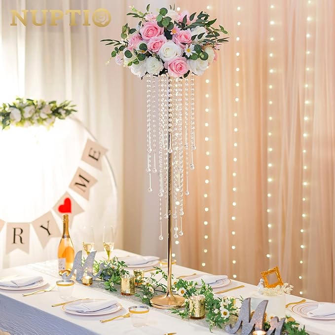 NUPTIO Wedding Centerpieces Gold Vases: 2 Pcs 39.4in Tall Crystal Flower Vase Metal Flowers Stand for Party Tables Decorations - Elegant Bulk Weddings Decoration Table Chandelier Centerpiece Stands