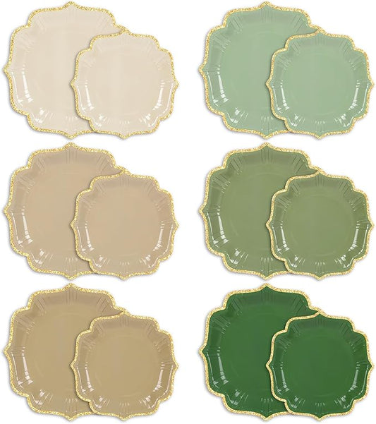 FYSUIMU 96 Pcs Sage Green Paper Plates Gradient Disposable Large Dinner Dessert Party Plates with Gold Edge for Birthday Wedding Bridal Baby Shower Party Supplies, 6 Colors，9 Inch 10.6 Inch