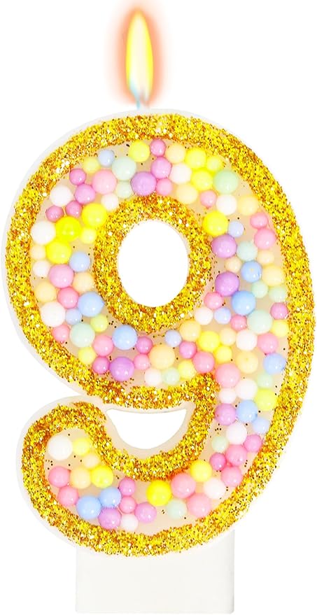 9th Birthday Candle for Cake, Colorful Macaron Numeral Candles for Girls/Boys, Birthday Party Cake Decorations, Golden Cake Topper for Birthday Party Supplies (Number 9)