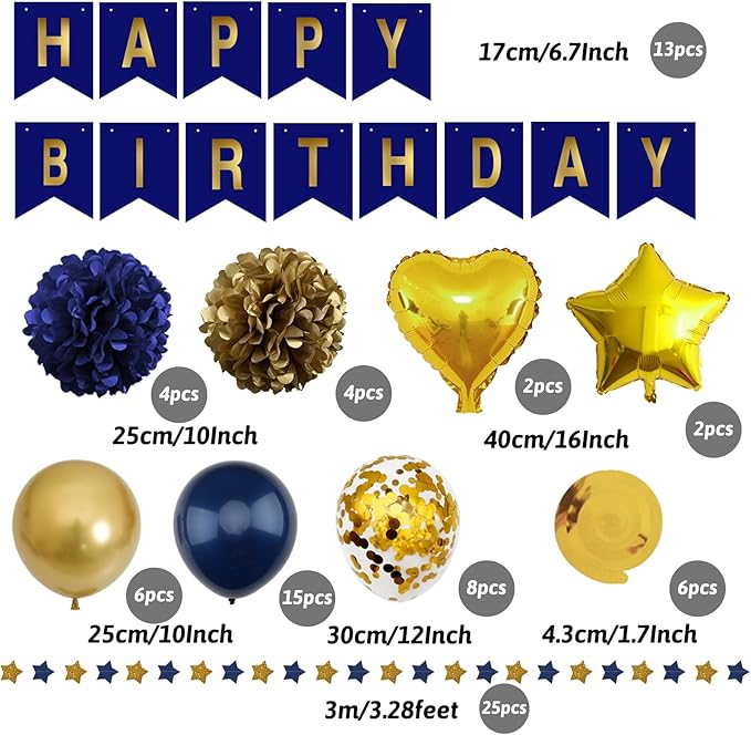 ZERODECO Birthday Decorations - Navy Blue Gold Party Decorations with Banner, Pompoms, Balloons for Boys, Girls, Men, Women