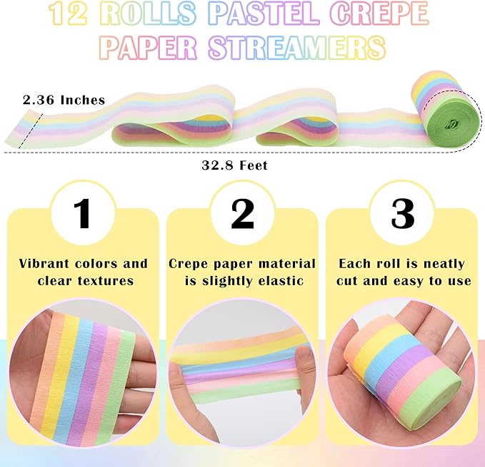 Oubest 12 Rolls Pastel Crepe Paper Streamers - 394 Ft Colorful Party Streamers Bulk for Birthday, Wedding, Baby Shower Decorations, Rainbow Crepe Paper Roll for Backdrop Ceiling Doorway DIY Crafts