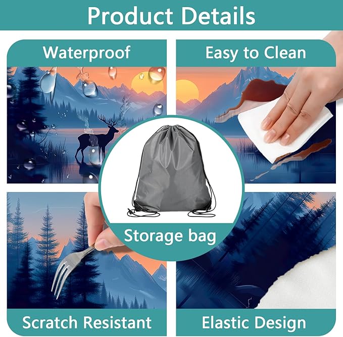 3 PCS Picnic Table Cover with Bench Covers & Storage Bag, Waterproof Fitted Camping Tablecloth with Elastic, 30x60 Inch, Sunset Mountain Lake Deer Forest Print, Indoor Outdoor Patio RV Party Table