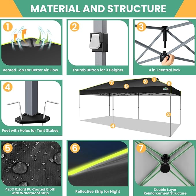 COBIZI 10x20 Pop Up Canopy Tent, Outdoor Party Tent with 6 Sidewall One Push Setup Glow, 3 Adjustable Height Air Vent Waterproof UPF50+, Bag, 4 Sandbag, 6 Stake, 12 Rope for Beach, Commercial