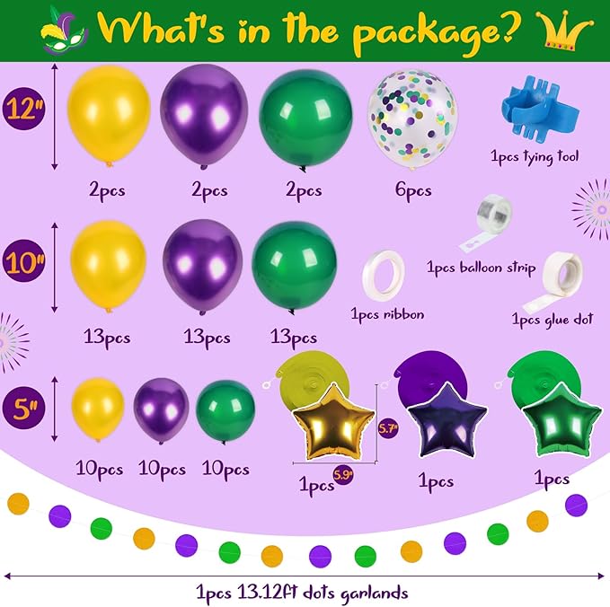 Mardi Gras Decorations Balloons Garland Arch Kit - Purple Green Gold Dot Banner & Hanging Swirls for Birthday Party Decor Supplies