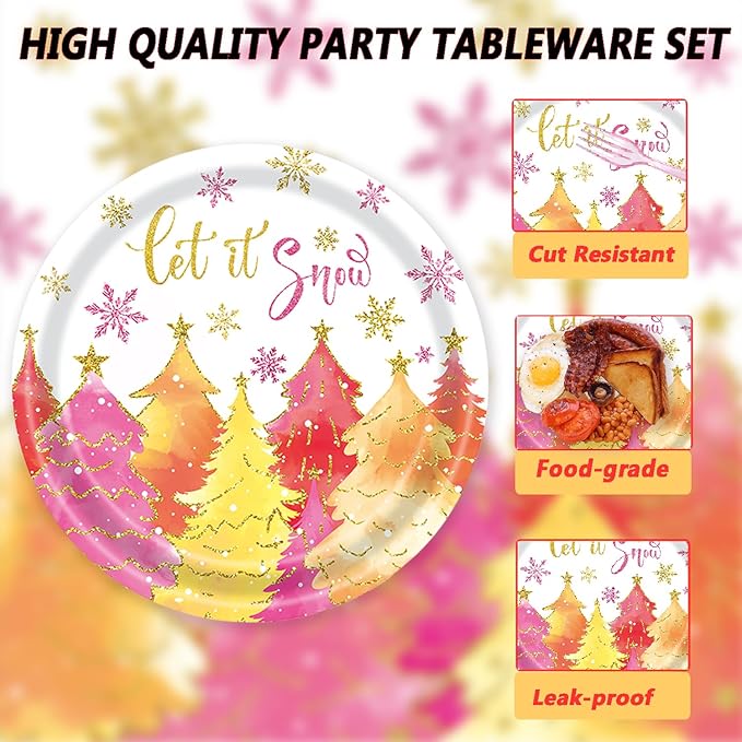 72Pcs Pink Christmas Paper Plates and Napkins Let It Snow Party Plates Gold Pink Xmas Tree Snowflake Party Supplies Tableware Set for Christmas Winter Holiday New Year Decorations