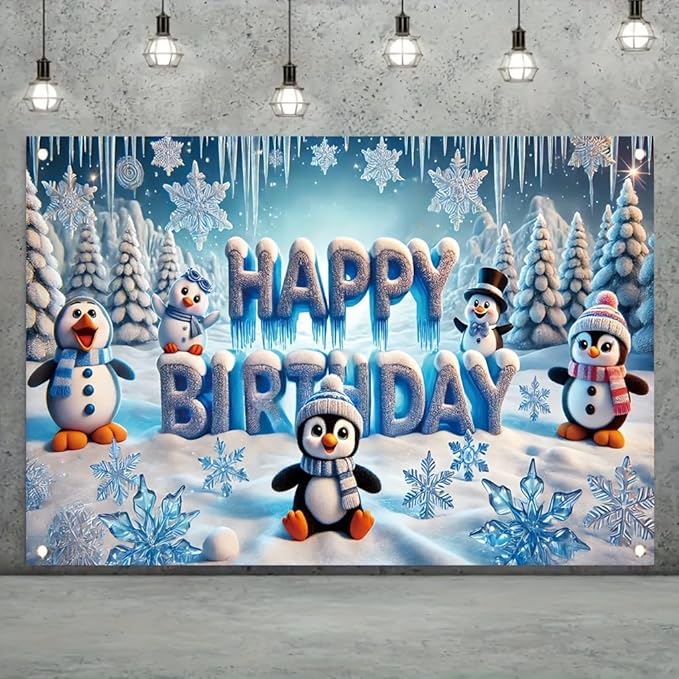 Winter Penguin Happy Birthday Party Banner 71X43INCH Double Sided Outdoor Yard Signwith Snowflakes LCE and Cute Penguins for Winter Wonderland Birthday Party Decoration