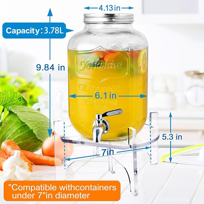 1 Gallon Glass Drink Dispenser with Acrylic Stand, Airtight & Leakproof Lemonade Sun Tea Jar with Lid and Spigot, Beverage Dispenser for Parties, Weddings, Lemonade & Laundry Detergent Dispenser