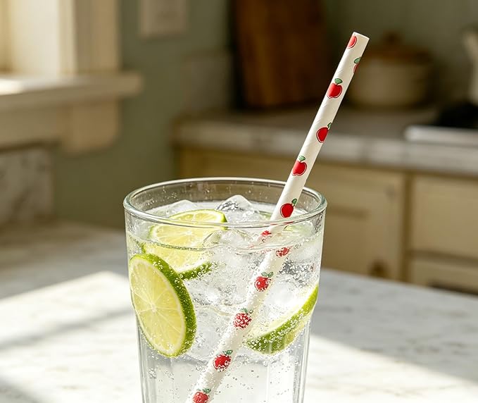 100 Pcs Disposable Straws, Biodegradable Paper Straws for Juices, Shakes, Smoothies, Party Supplies (ApplePattern)
