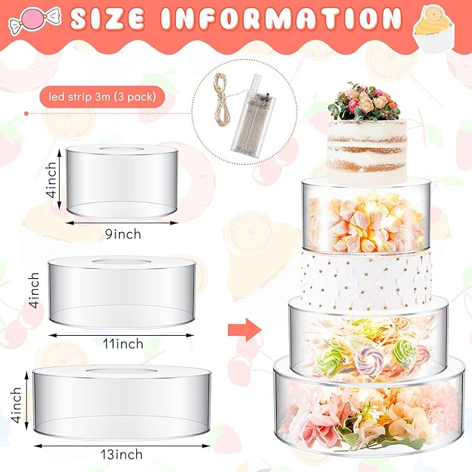 Sintuff 3 Pcs Acrylic Cake Stand with LED Lights 9‘’, 11‘’, 13‘’ Clear Fillable Cake Riser Round 3 Tier Case Box for Wedding Birthday Holiday Party Food Display, 3 Sizes
