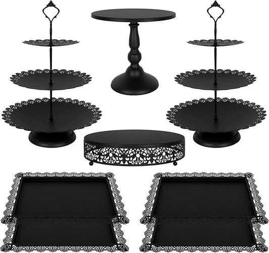 Fivenl 8 Pcs Cake Stand Black Metal Dessert Table Display Set, 3-Tier Cupcake Stand, Cake Display Tower and Cookie Tray Rack Serving Tray for Birthday Party, Weddings, Baby Shower (Black)