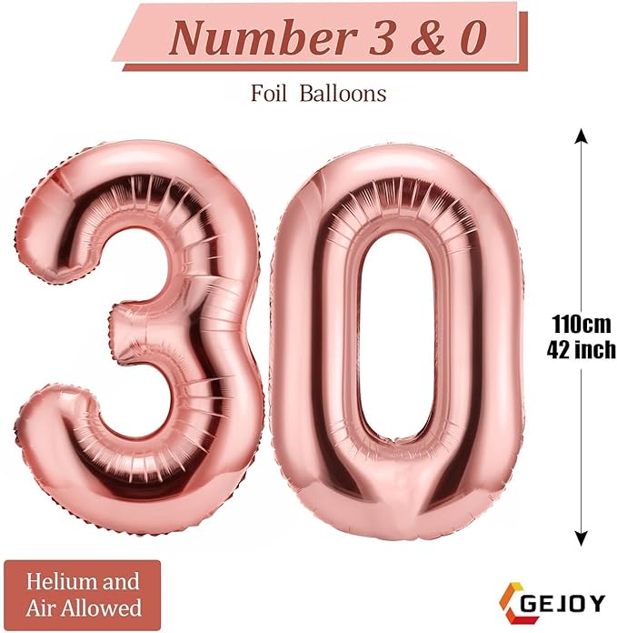 Gejoy 40 Inch Number 30 Balloons Jumbo 30 Foil Giant Number 30 Balloons for 30th Birthday Party Decorations and Rip to My 20s Anniversary Event(Rose Gold)