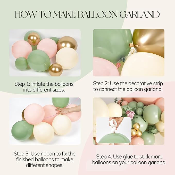 147pcs Pink and Green Balloon Arch Garland Kit, 5 10 12 18inch Sage Green Light Pink Sand White Gold Latex Balloons for Woodland Jungle Birthday Party Baby Shower Decorations