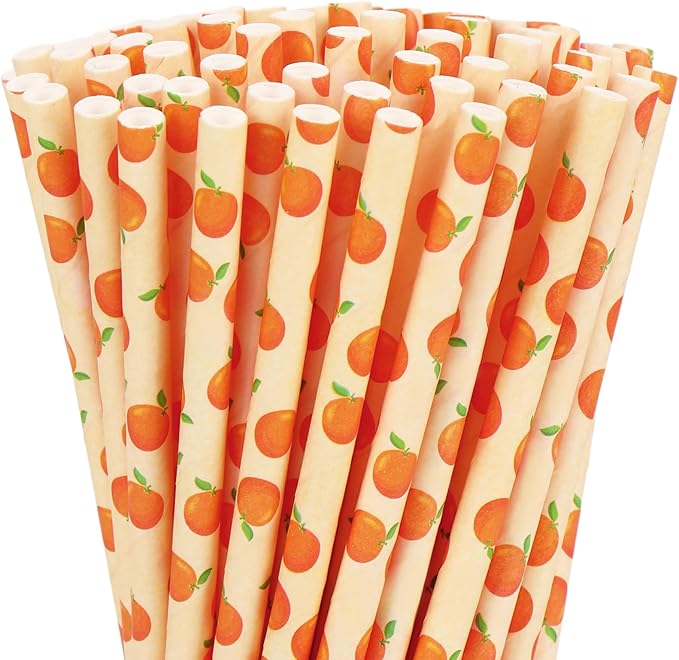 Whaline 200Pcs Orange Paper Straws Little Cutie Drinking Straw Orange Fruit Disposable Straw for Baby Shower Summer Party Supplies