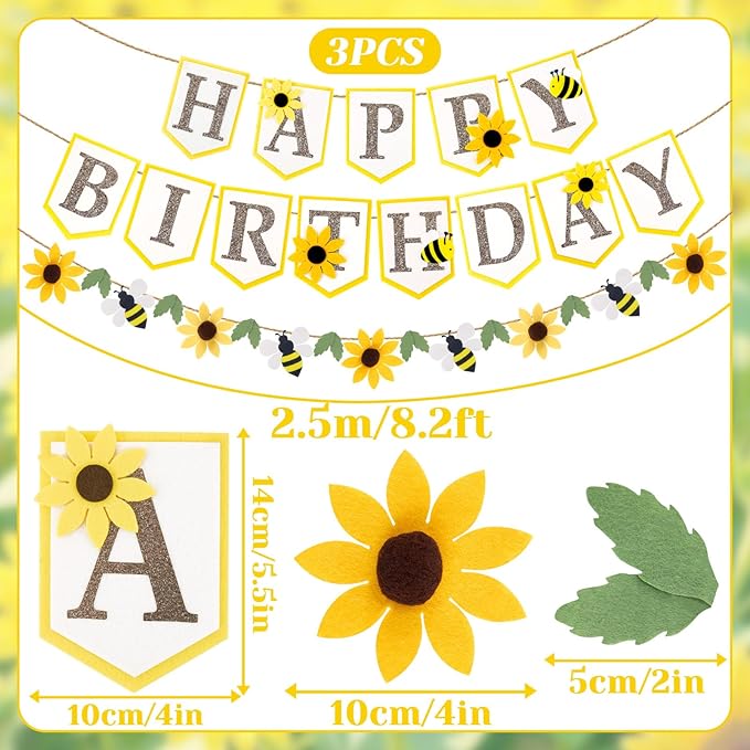 SUNBEAUTY Bee Birthday Party Decorations Bumble Bee Felt Happy Birthday Banner with Sunflower Garland Banner Hanging HoneyBee Decorations for Party Baby Shower Garden Spring Summer(8.2ft)