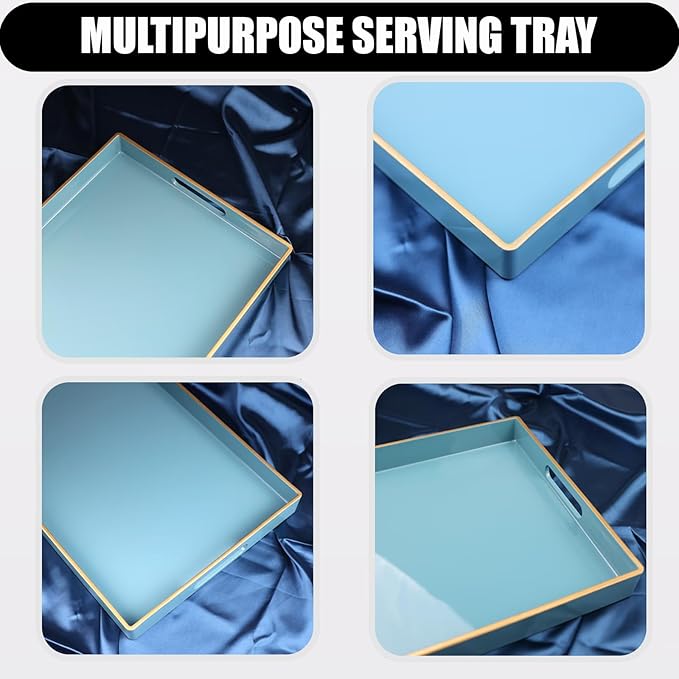 Teal Blue Decorative Coffee Table Tray, Rectangular Plastic Serving Tray with Handles for Living Room, Ottoman, Bathroom, 15.7"*10.2"