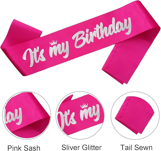 It's My Birthday Sash Hot Pink with Glitter Silver Letters Happy Birthday Sash for Women Girl Bday Gift Ideas Party Favors