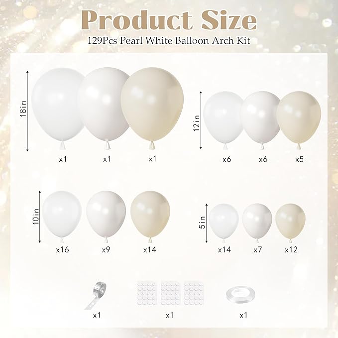 Ouddy Party Pearl White Balloon Garland Arch Kit, Different Sizes 18 12 10 5 Inch Double Stuffed Pearl Sand White Cream Ivory Latex Confetti Balloon for Wedding Bridal Shower Birthday Party Decoration