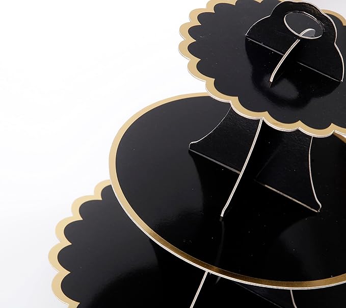 YLDW Cupcake Stand with Lace Trim, 3-Tier Cupcake Stand Display, Cardboard Cup Cake Tower Stand, Disposable Dessert Stand for Birthday Tea Party Baby Shower Treat Decorations, Black