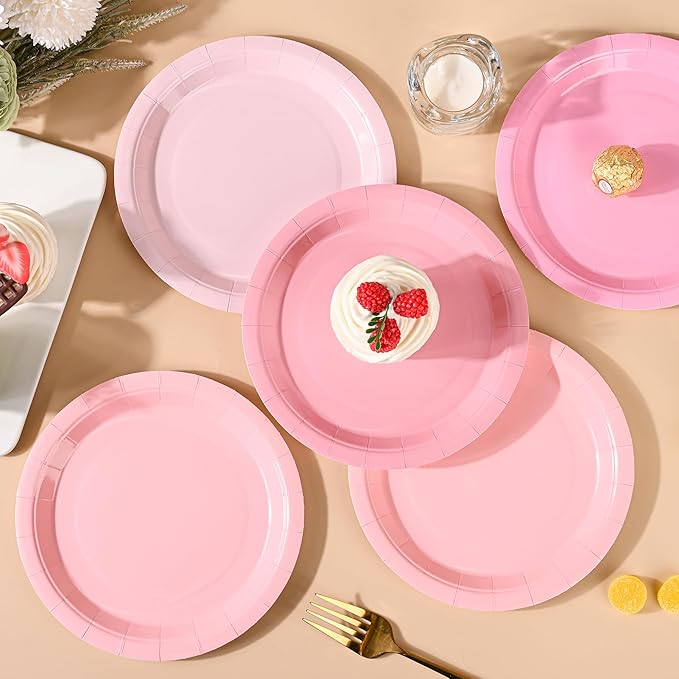AimFun Pink Paper Plates Gradient Pink Party Plates 7” Disposable Round Dessert Plates for Birthday Wedding Bridal Engagement Baby Shower Party Supplies 4 Colors (48)