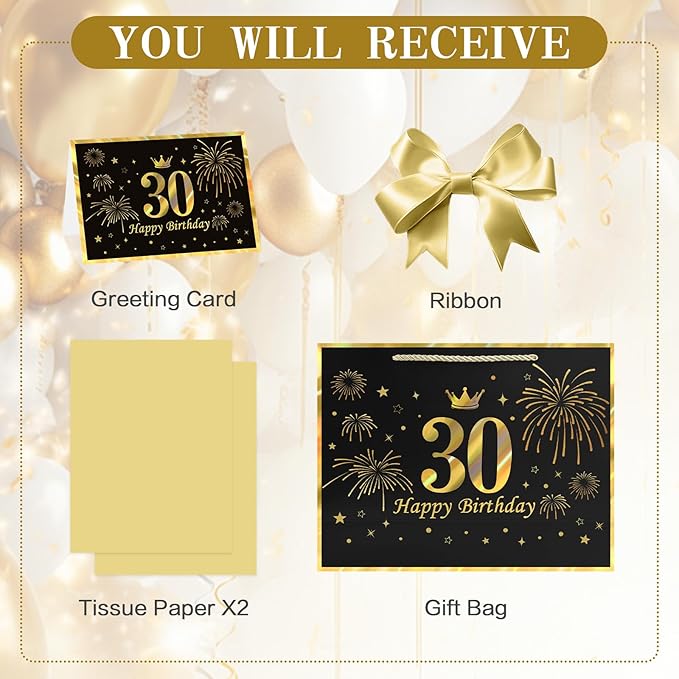 JMANNI Black Gold 30th Birthday Gift Bag with Card and Tissue Paper, 12.6"×9.84"×3.9" Elegant Present Bag for Adults, 30 Year Old Birthday Keepsake Party Supplies