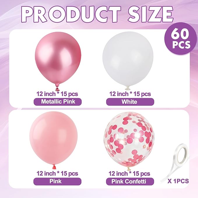 Light Pink and White Balloons Metallic Pink Balloon, 60 Pcs 12 Inch Latex Confetti Metallic Balloons with 1 Ribbon, for Birthday Wedding Bridal Shower Party Decorations