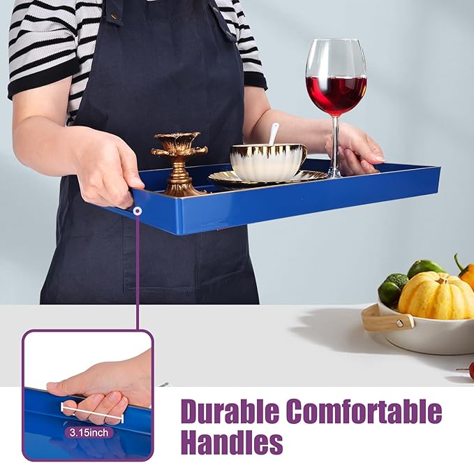 Gifturbo Blue Serving Tray,Decorative Serving Trays with Handles, Coffee Table Tray Ottoman Rectangular Plastic Tray for Living Room, Bathroom, 15.7” x 10.2” x1.37”