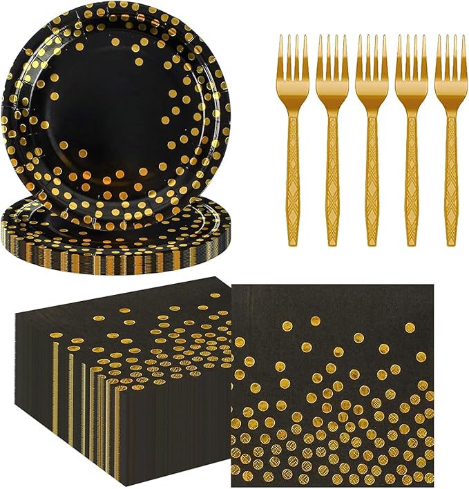 ï»?5PCS Black and Gold Paper Plates and Napkins Party Supplies, Disposable Black Gold Dessert Plates Black Napkins Tableware Dinnerware Set for Birthday Graduation Retirement Weddings Party Decorations