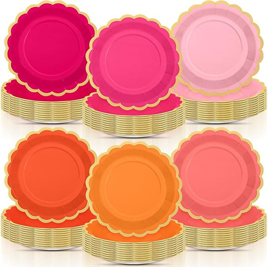 96 Pcs Pink and Orange Paper Plates 9 Inch Scalloped Paper Plates Disposable Dinner Dessert for Birthday Wedding Bridal Party Supplies, 6 Colors