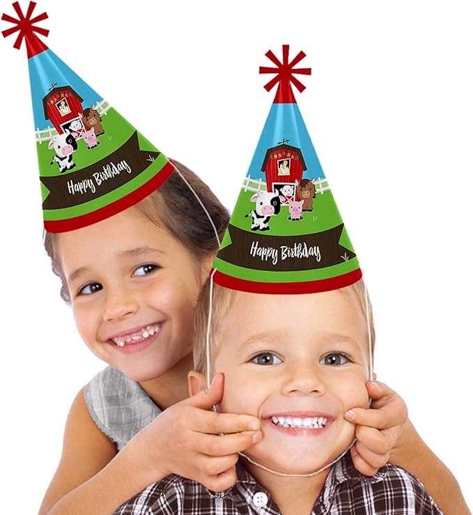 Big Dot of Happiness Farm Animals - Cone Party Hats for Kids and Adults - Set of 8