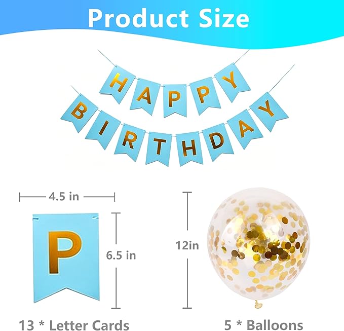 Happy Birthday Banner Sign Bunting Hanging Decorations with Shiny Gold Balloons Birthday Party Sign Decor for Party Supplies(Blue)