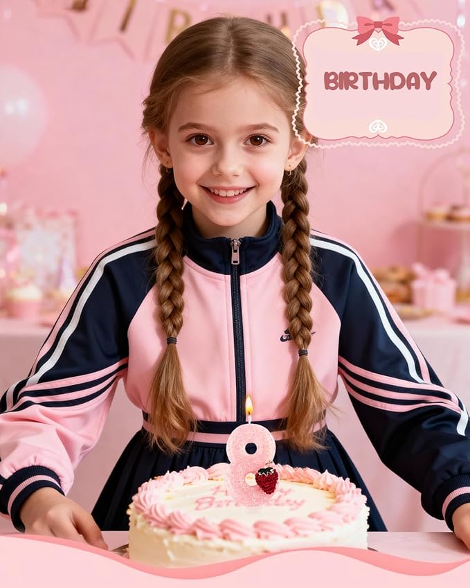Birthday Candles for Cake, Pink Number Candles, Cake Candles with Greeting Card for Birthday Party Wedding Anniversary Celebrations (Strawberry 8 Candle)