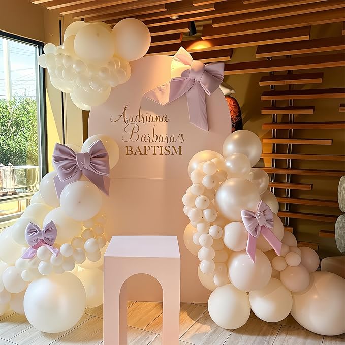 HILAVO Pearl White Balloon Garland Arch Kit 132 Pcs Bow Coquette Sand White Ivory Party Balloons with Pastel Pink Long Latex Balloon for Girls Princess Wedding Baby Shower Bridal Birthday Party Decor