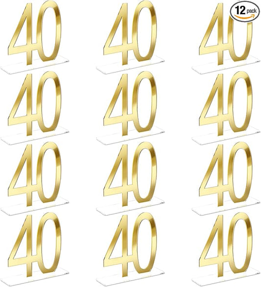 Threehoney 12 Pcs Mirror Gold 40th Birthday Decorations for Men and Women Acrylic Anniversary Decorations Table Numbers Centerpieces for Birthday Party