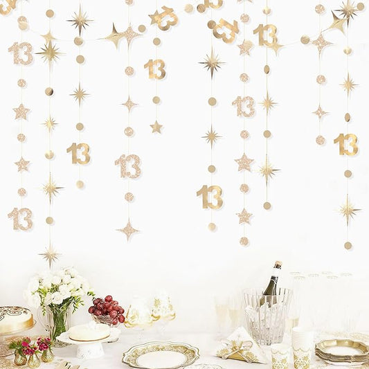 Champagne Gold 13th Birthday Decorations Number 13 Circle Dot Twinkle Star Garland Glitter Streamer Banner Backdrop Girls Boys Cheers to 13 Years Old Birthday Official Teenager Party Supplies