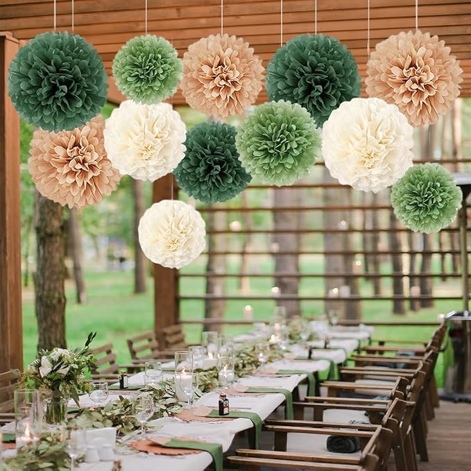 Capesaro Olive Sage Green 12PCS Paper Pom Poms Party Decorations for Natural Green Boho Safari Jungle Party,Hanging Tissue Paper Flowers for Engagement,Wedding,Baby Shower
