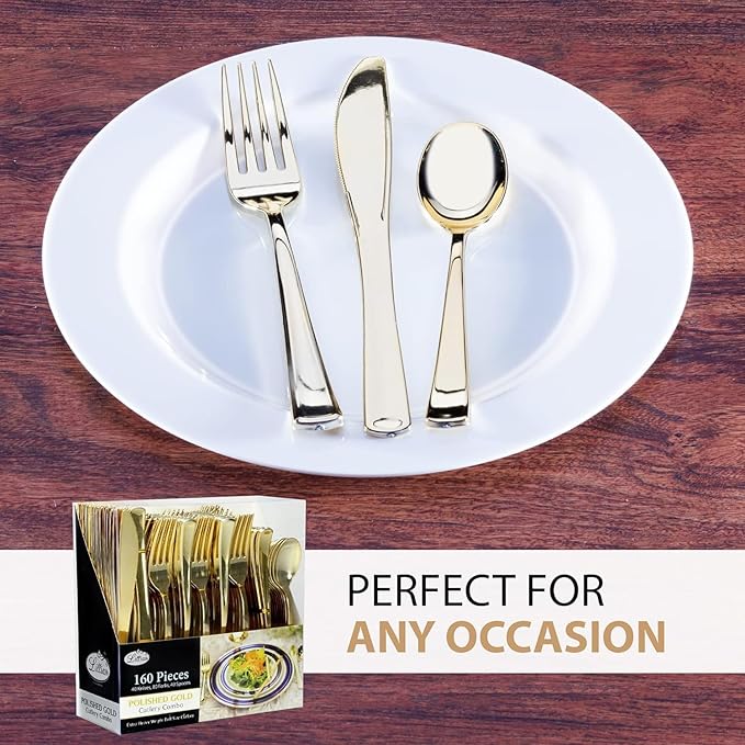 960 Piece Gold Plastic Silverware, Extra Heavyweight Disposable Cutlery Set, Full Size Gold Flatware Combo, 480 Forks 240 Spoons 240 Knives, Bulk Party & Wedding Utensils