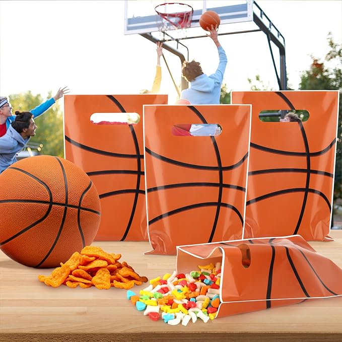 50 Pieces Basketball Gift Bags with Handle, Plastic Treat Candy Bag Sport Favor Bags For Kids Birthday Party Decoration Supplies