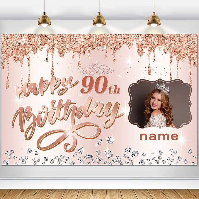 Customizable Rose Gold Happy 90th Birthday Decoration Banner - Personalized with Name and Photo