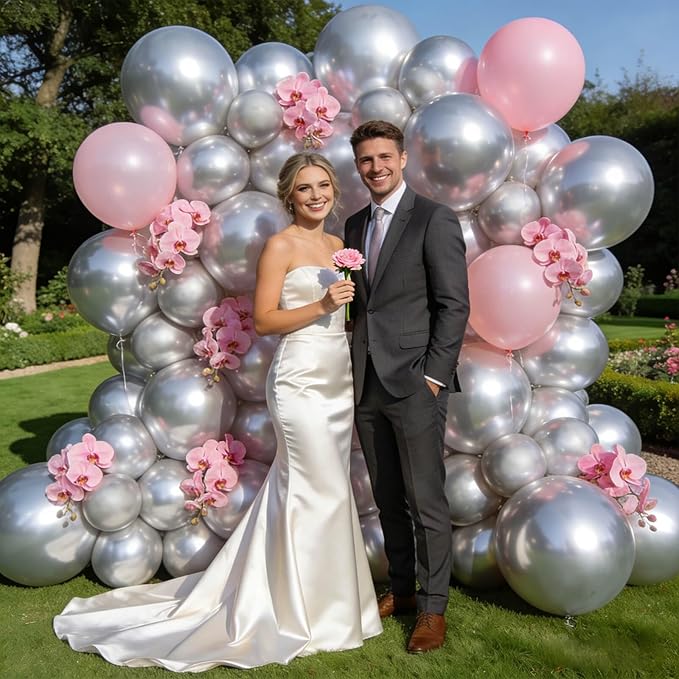 110pcs Metallic silver Balloons, Metallic silver Latex Balloons 12 inch, silver Balloon for Birthday Party Baby Shower Wedding(with 2 Ribbons).
