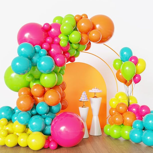 Lukiituke Tropical Balloon Arch Kit, 134Pcs Summer Balloons, 4Sizes Hot Pink Yellow Orange Lime Green Teal Rainbow Balloon for Summer Hawaiian Birthday Pool Party Decorations