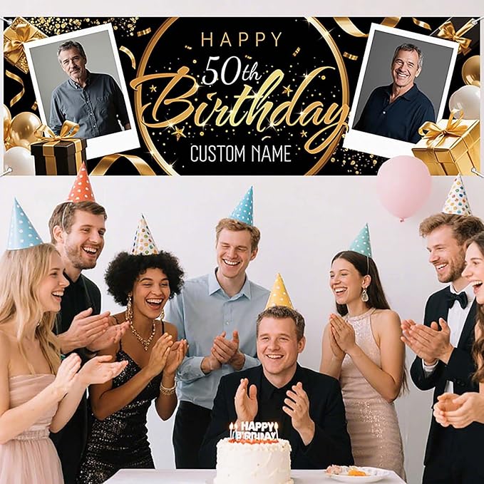 Dicodes Personalized Happy Birthday Banner with Name Custom Photos Birthday Photography Background Decorations Party Supplies for Women Men (Black and Gold-2 Photo)