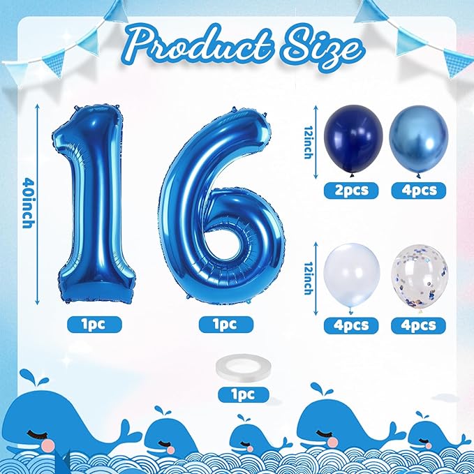 16 Balloon Number Blue, Big Number 16 Balloon Pastel Navy Dark Blue with Metallic Silver Confetti Balloon for Boys 16th Birthday, Foil 40'' Self Inflating Balloon 16 for Anniversary Party Decorations