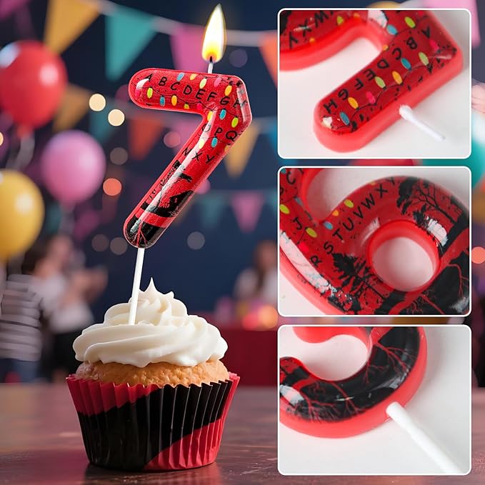 Red Number 7 Birthday Candle for Cake – Dark Horror Style with Alphabet Print & Shadow Design – Unique Cake Topper for Birthday, Anniversary, Themed Party Decoration