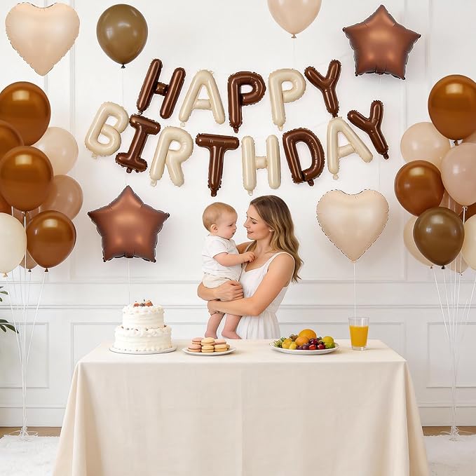 Cream Brown Birthday Decorations,Brown and Nude Balloons Happy Birthdays Banner Balloon Heart and Star Foil Balloons for Men Boy Birthday Baby Shower Party Decorations