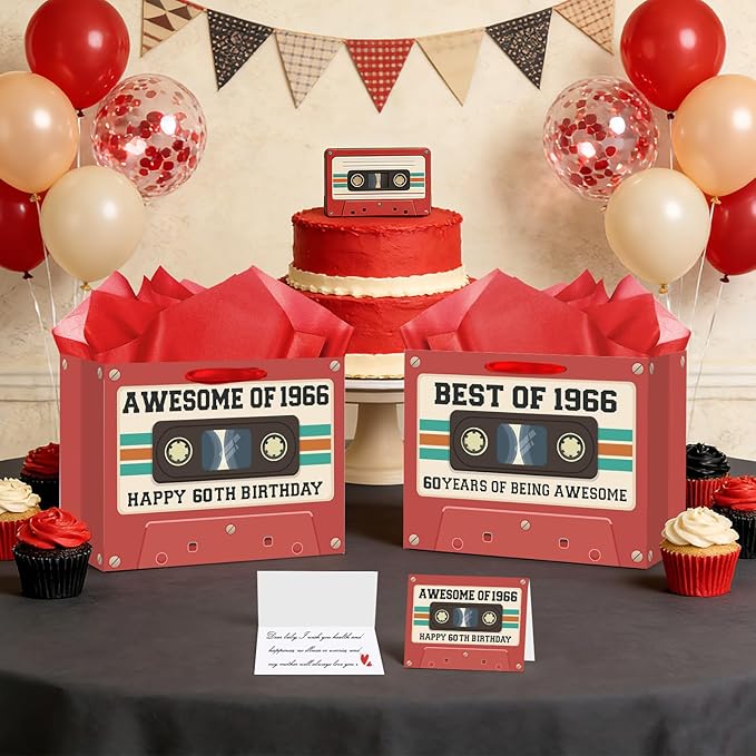 60th Birthday Gift Bag for Men Women Retro Tape 1966 Birthday Party Favor Bags with Tissue Paper and Greeting Card Vintage Cassette 60 Years Old Gift Wrapping Bag Decorations for Mom Dad Friends Gifts